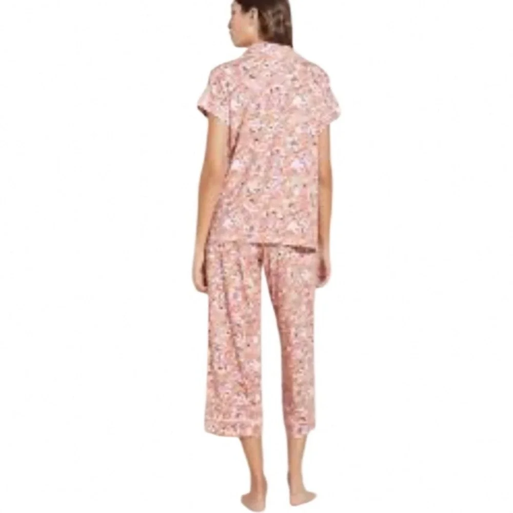 Eberjey Gisele Floral Orchid Pajama Set Peach Modal Short Sleeve Crop Pants M